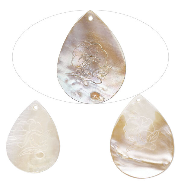 Focal, mother-of-pearl shell (natural/bleached), 56x42mm-64x49mm hand-carved teardrop with flower design, Mohs hardness 3-1/2. Sold per pkg of 3. image number 0