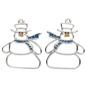 Charm, enamel and imitation rhodium-plated "pewter" (zinc-based alloy), blue / orange / black, 25x21mm left- and right-facing single-sided cutout snowman. Sold per pkg of 2.
