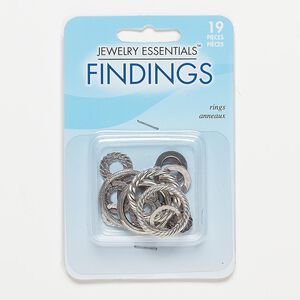 Component mix, antiqued silver-finished steel and "pewter" (zinc-based alloy), 10-25mm open round with mixed design. Sold per pkg of 19.