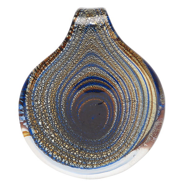 Focal, lampworked glass 1pkg1, opaque blue / black / purple with copper-colored glitter and silver-colored foil, 49x41mm round with swirl design. image number 0