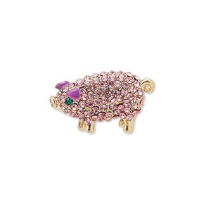 Spot pin, Czech glass rhinestone / enamel / gold-finished brass / "pewter" (zinc-based alloy), purple / pink / green, 22x14mm pig. Sold individually.