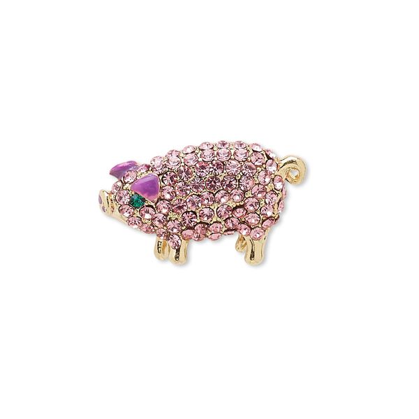 Spot pin, Czech glass rhinestone / enamel / gold-finished brass / "pewter" (zinc-based alloy), purple / pink / green, 22x14mm pig. Sold individually. image number 0