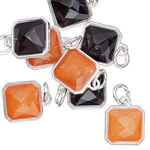 Drop, Charmed, resin with silver-finished steel and "pewter" (zinc based alloy), orange and black, 12mm faceted square. Sold per pkg of 8.