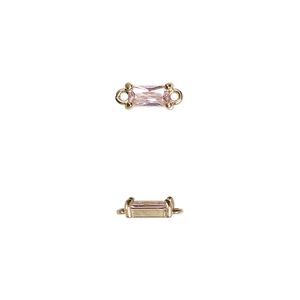 Link, glass and gold-finished brass, pink, 7.5x4mm faceted rectangle. Sold per pkg of 10.