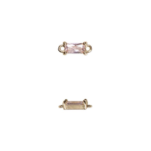 Link, glass and gold-finished brass, pink, 7.5x4mm faceted rectangle. Sold per pkg of 10. image number 0
