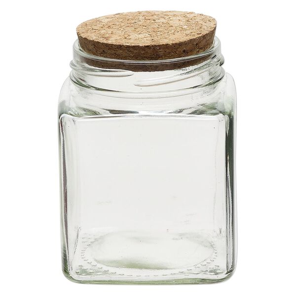 Bottle, glass and cork, clear, 2-3/4x3-1/2 inch square with cork stopper and 2-inch opening. Sold individually. image number 1