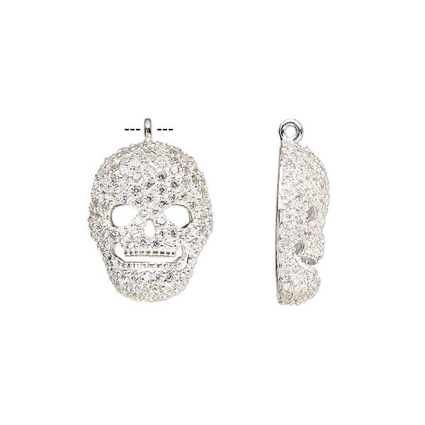 Charm, cubic zirconia and sterling silver, clear, 16x13mm skull with cutout. Sold individually. image number 0