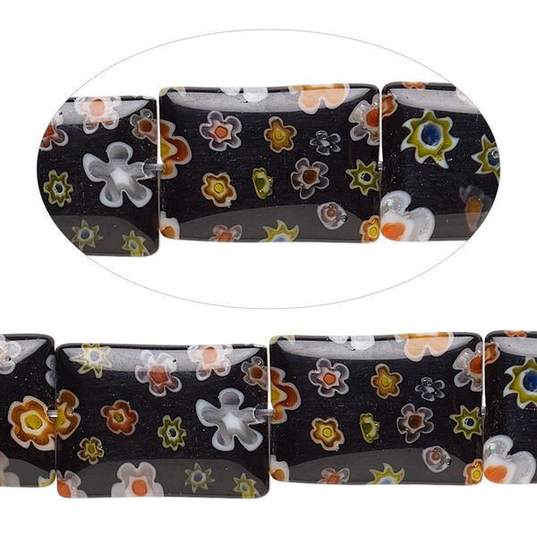 Bead, millefiori glass, opaque multicolored, 18x13mm flat rectangle with 0.6-0.8mm hole. Sold per 15-inch strand. image number 0