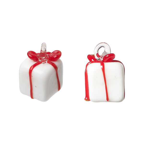 Drop, lampworked glass, white and red, 15x12mm 3D present. Sold individually. image number 0