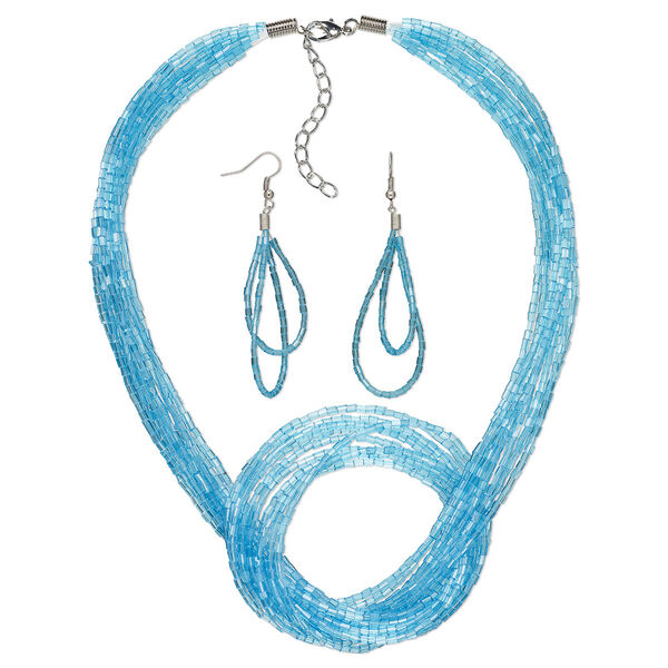 Necklace and earring set, Everyday Jewelry,  imitation rhodium-plated-steel and glass, blue, 16-inches with 2-inch extender chain, 3-inch earrings with fishhook ear wires, 19 gauge. Sold per set. image number 0