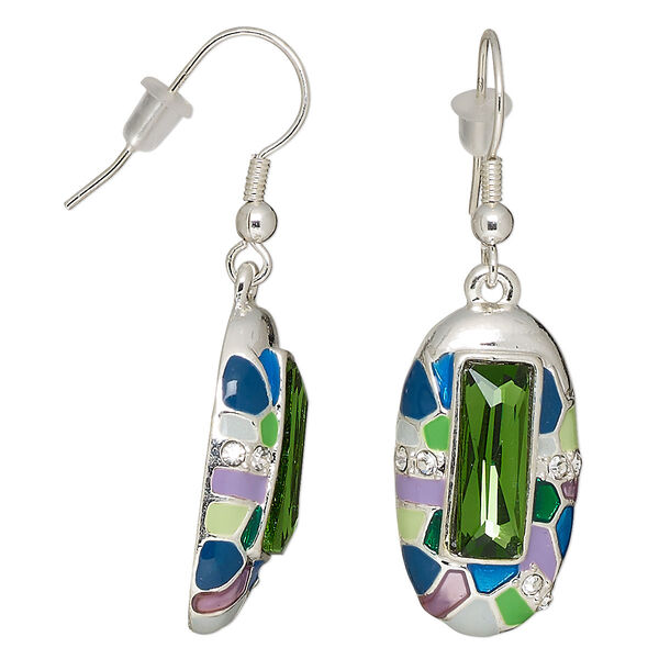 Earring, glass rhinestone / enamel / glass / silver-plated brass / "pewter" (zinc-based alloy), multicolored, 2 inches with oval and fishhook ear wire. Sold per pair. image number 0
