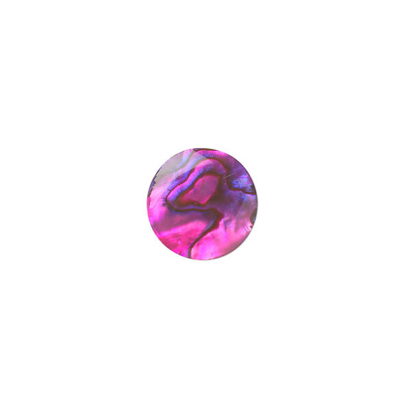Cabochon, paua shell (coated / dyed), pink, 12mm calibrated round, Mohs hardness 3-1/2. Sold per pkg of 4. image number 0