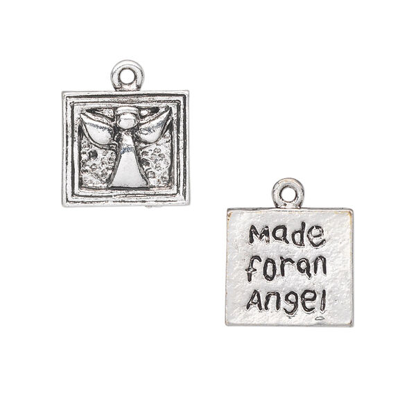 Charm, antique silver-plated "pewter" (zinc-based alloy), 13x12mm two-sided square with angel design and "Made for an Angel." Sold per pkg of 10. image number 0