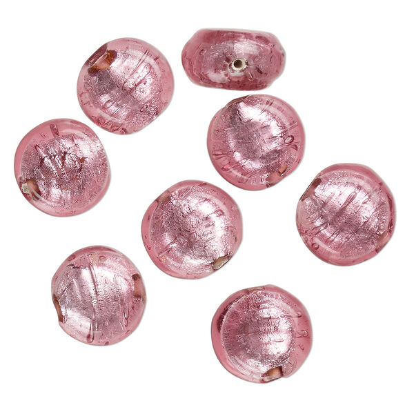 Bead, lampworked glass, opaque pink, 15x8mm-13x6mm flat round with silver-colored foil. Sold per pkg of 8. image number 0