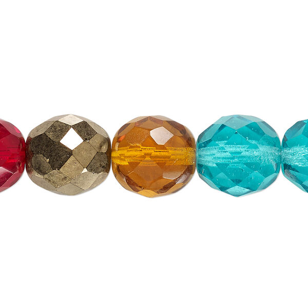 Bead, Czech fire-polished glass, pkg/15-1/2 to 16 inches, 12mm faceted round, mixed colors. image number 0