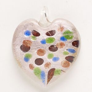 Focal, lampworked glass, pkg/1, opaque multicolored with silver-colored foil, 33x31mm-36x33mm puffed heart with dots.