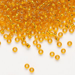 Seed bead, Miyuki, glass, pkg/50g, #8 rocaille, transparent silver-lined light orange (RR-7).