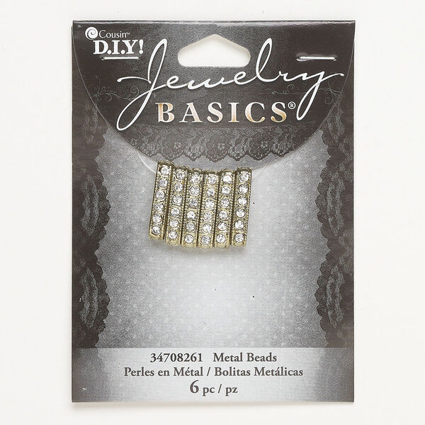 Spacer bar, "pewter" (zinc-based alloy) and glass, pkg/6, gold finish and clear, 20x6mm rectangle. image number 0