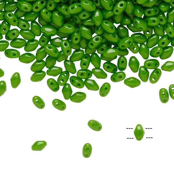 Bead, Preciosa Mini Twin™, Mini Pressed Twin, Czech pressed glass, opaque candy green, 4x2.5mm oval with (2) 0.7mm holes. Sold per 250-gram pkg. image number 0