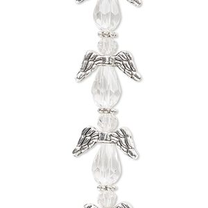 Bead, crystal and antique silver-plated "pewter" (zinc-based alloy), transparent clear, 17x14mm angel. Sold per pkg of 6.