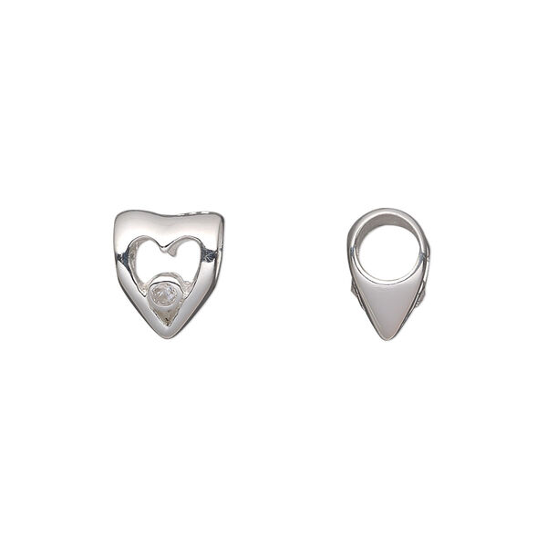 Bead, Dione®, sterling silver and cubic zirconia, clear, 10x8.5mm double-sided open heart. Sold individually. image number 0