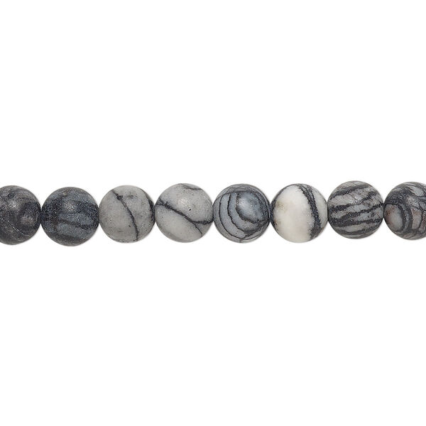Bead, black silk stone (natural), matte, 6mm round, B grade, Mohs hardness 4. Sold per 15-1/2" to 16" strand. image number 0