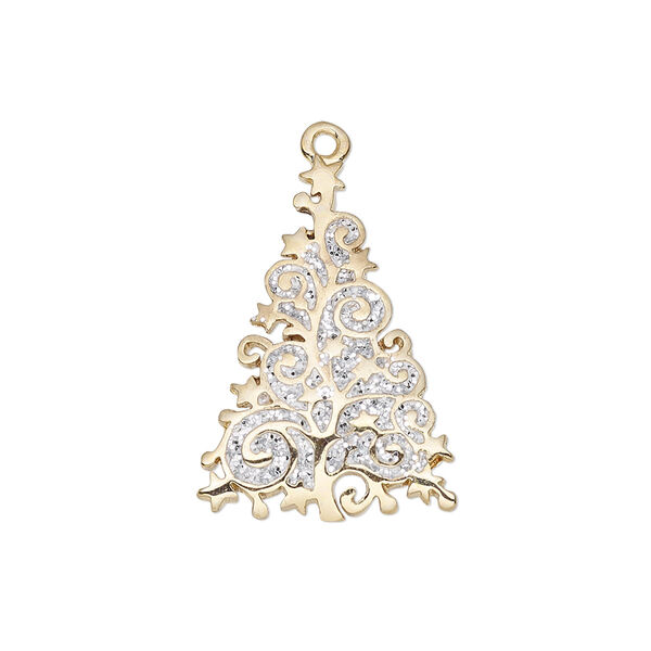 Charm, enamel and gold-finished "pewter" (zinc-based alloy), white with silver-colored glitter, 25x17mm single-sided fancy tree. Sold individually. image number 0