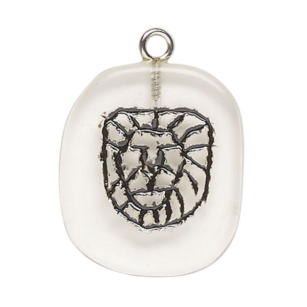 Focal, glass / enamel / silver-finished steel, clear and black, 29x24mm-36x30mm puffed freeform with lion head. Sold individually. image number 0