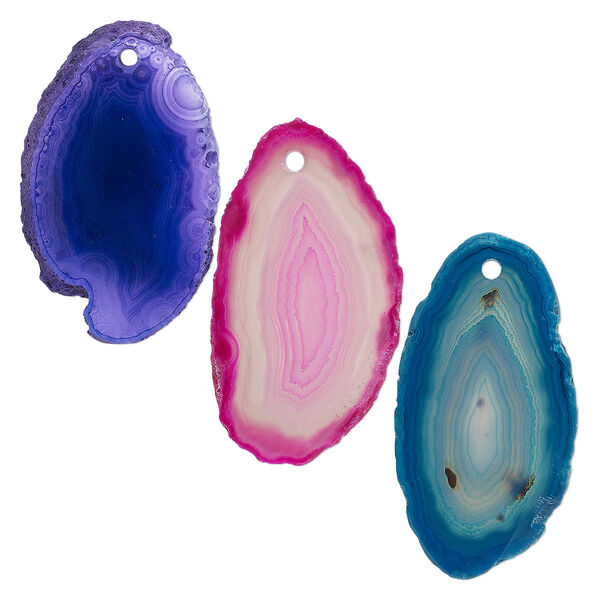 Focal, agate (dyed), purple / teal / pink, 30x15mm-43x25mm hand-cut slice, Mohs hardness 6-1/2 to 7. Sold per pkg of 3. image number 0