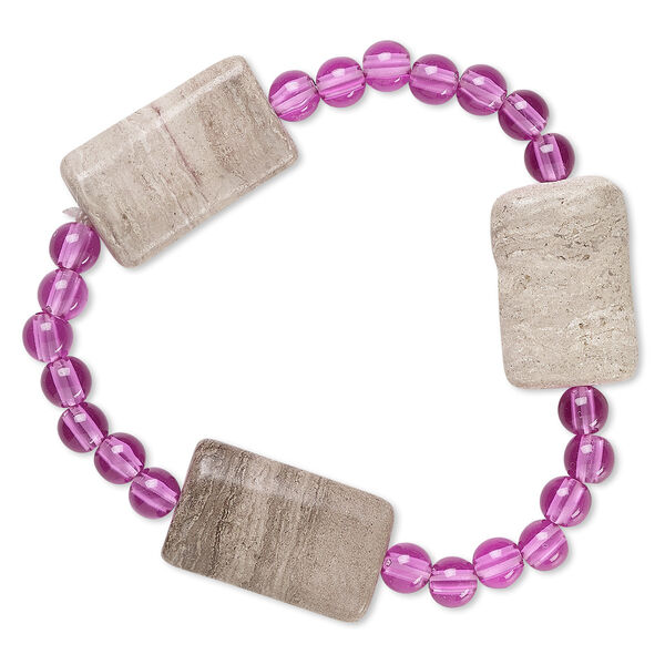 Bracelet, stretch, grey and cream marble (natural) and acrylic, purple, 5mm round and 23x15mm-24x16mm puffed rectangle, 6 inches. Sold individually. image number 0