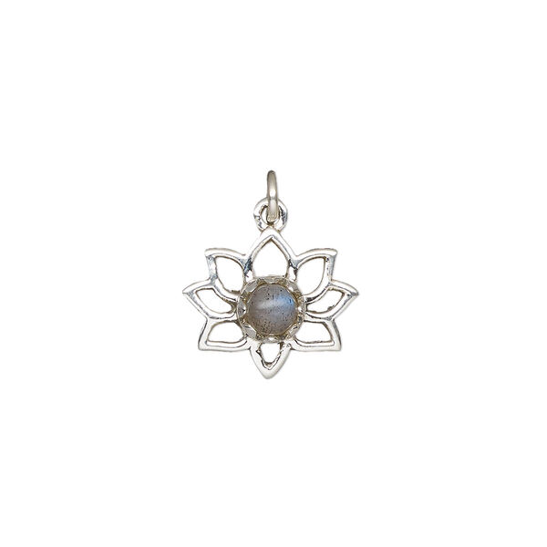 Drop, antiqued sterling silver and labradorite (natural), 14.5x12mm single-sided open lotus. Sold individually. image number 0
