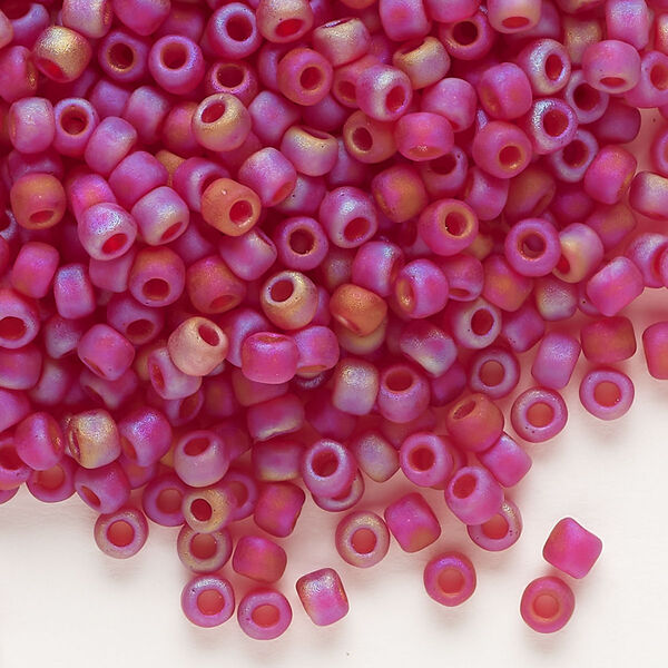Seed bead, Dyna-Mites™, glass, transparent frosted rainbow ruby red, #6 round. Sold per 40-gram pkg. image number 0