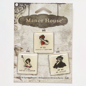 Drop, epoxy and silver-finished "pewter" (zinc-based alloy), multicolored, 25x25mm square with assorted designs. Sold per pkg of 3.