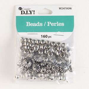 Bead mix, silver-finished copper, 3-8mm round and 6x4mm-12x8mm rondelle. Sold per pkg of 160.