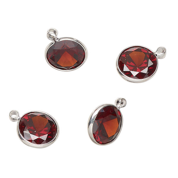 Drop, silver-finished brass, translucent garnet red, 10mm faceted round with open back. Sold per pkg of 4. image number 0