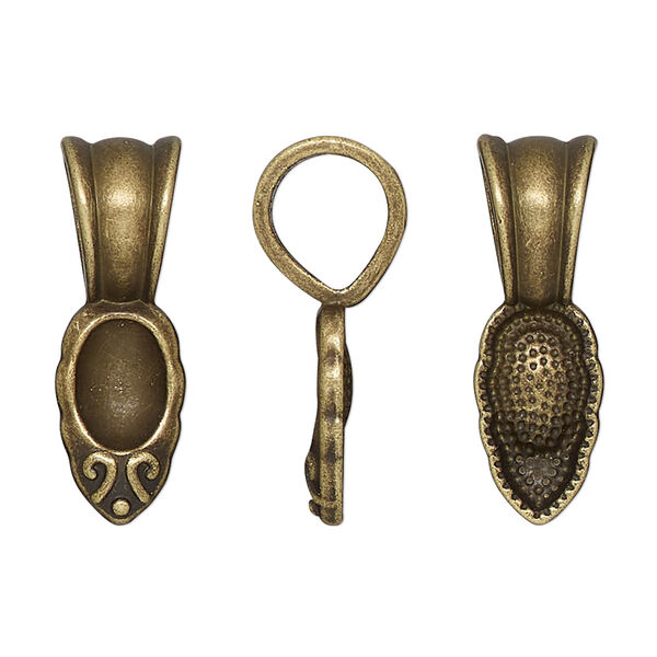 Bail, glue-on, antique brass-finished "pewter" (zinc-based alloy), 25.5x8.5mm leaf with 15x8.5mm pad. Sold per pkg of 10. image number 0