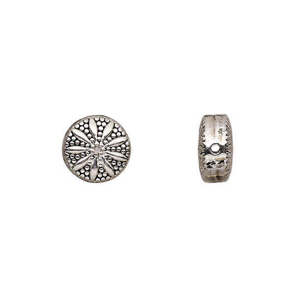 Bead, antique silver-finished "pewter" (zinc-based alloy), 10mm double-sided beaded flat round with flower design. Sold per pkg of 10. image number 0