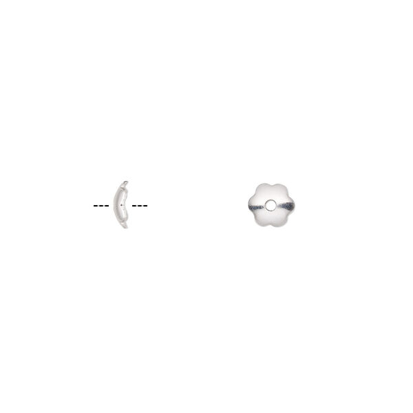 Bead cap, silver-plated steel, 5x1.5mm flower, fits 6-8mm bead. Sold per 6-1/2 inch strand, approximately 300 bead caps. image number 0
