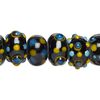Bead, lampworked glass, black / yellow / blue, 14x10mm rondelle. Sold per pkg of 20. image number 0