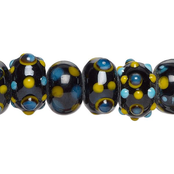 Bead, lampworked glass, black / yellow / blue, 14x10mm rondelle. Sold per pkg of 20. image number 0