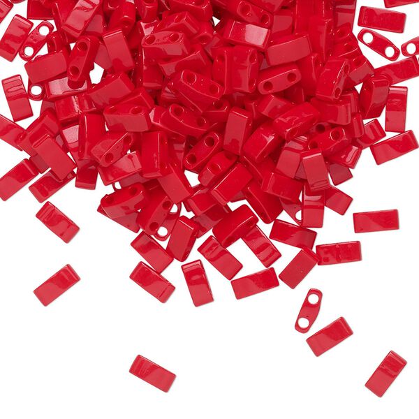 Seed bead, TILA®, glass, pkg/10g, 5x2.3mm half tila rectangle, opaque red, (HTL-408). image number 0