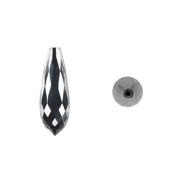 Bead, cubic zirconia, black, 20x7mm half-drilled faceted teardrop, Mohs hardness 8-1/2. Sold individually. image number 0