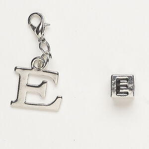 Bead and charm 1pkg2, antique silver-finished "pewter" (zinc alloy) / steel / enamel, black, 7mm cube with alphabet letter "E" and 15x12mm alphabet letter "E" with lobster claw clasp.