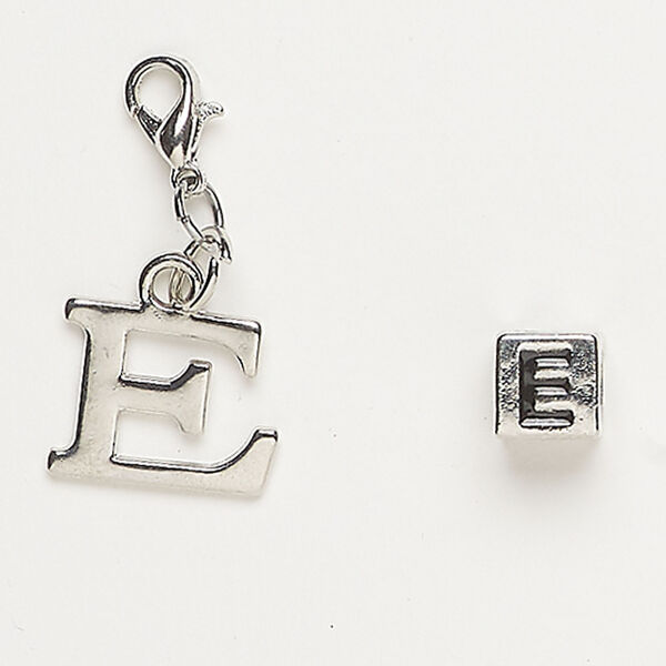 Bead and charm 1pkg2, antique silver-finished "pewter" (zinc alloy) / steel / enamel, black, 7mm cube with alphabet letter "E" and 15x12mm alphabet letter "E" with lobster claw clasp. image number 0