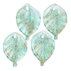 Drop, lampworked glass, translucent teal and gold, 22x15mm leaf. Sold per pkg of 4.