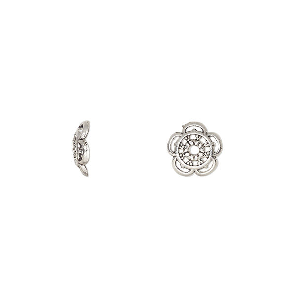 Bead cap, antique silver-finished "pewter" (zinc-based alloy), 8x3mm flower with cutout, fits 6-10mm round bead. Sold per pkg of 20. image number 0