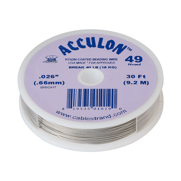 Beading wire, Acculon®, nylon-coated stainless steel, clear, 49 strand, 0.026-inch diameter. Sold per 30-foot spool. image number 0