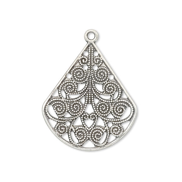 Drop, antique silver-plated steel, 26x23mm filigree teardrop. Sold per pkg of 10. image number 0