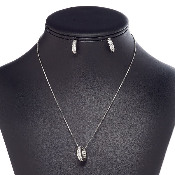 Necklace and earring set, glass rhinestone with silver-plated steel and "pewter" (zinc-based alloy), clear, 16mm open round, 18-inch necklace with 2-inch extender chain and lobster claw clasp, 16mm earrings with post. Sold per set. image number 0