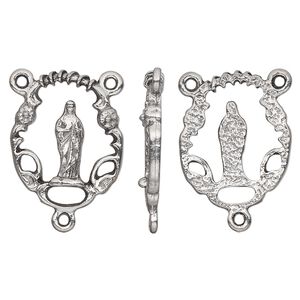 Connector, pewter (tin-based alloy), pkg/1, antiqued silver, 20x16mm open rosary oval with Virgin Mary.